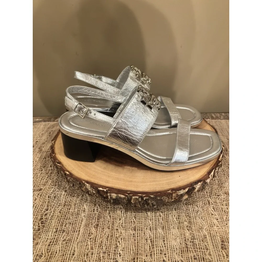 TORY BURCH METALLIC‎ Silver LEATHER Eleanor Block HEEL Sandals 7.5 349$